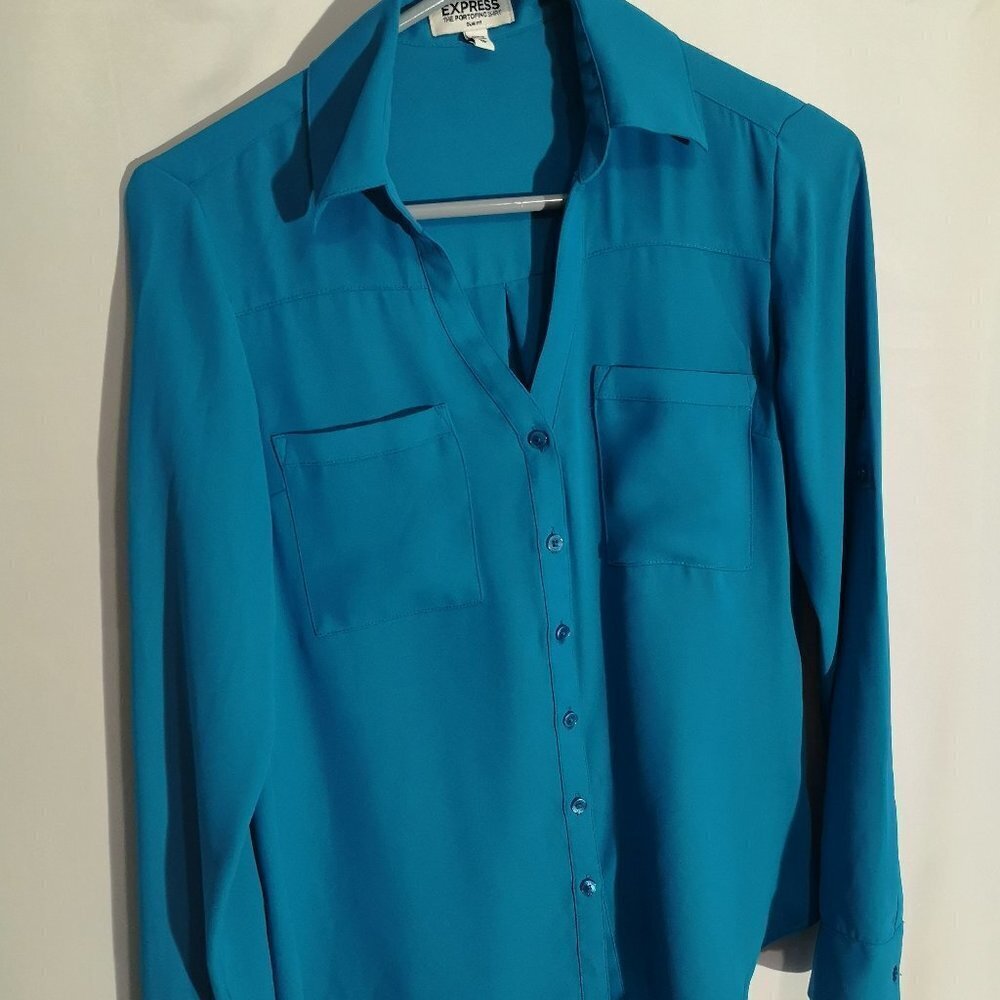Express Portofino Ladies Size XS Royal Blue Slim Fit Button Front Blouse